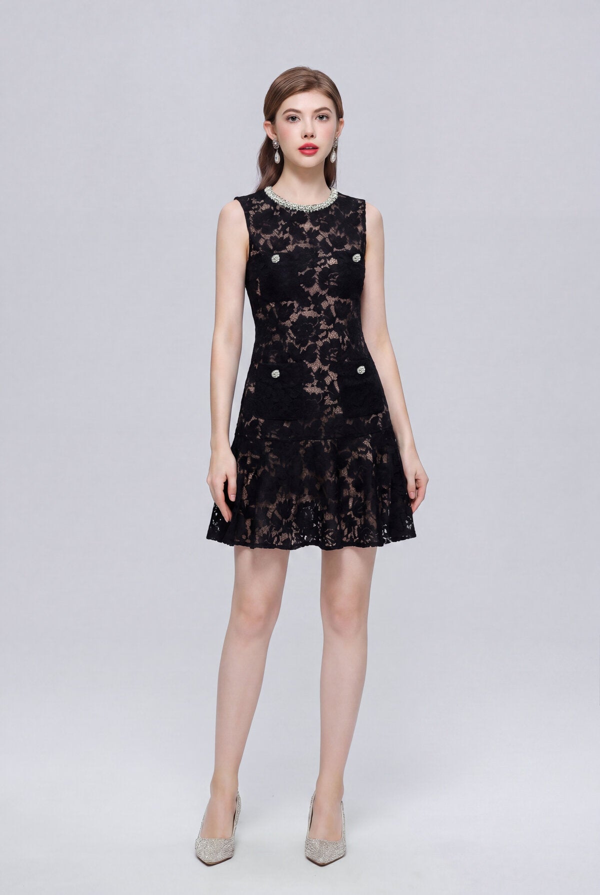 Floral Lace Crystal-Collar Sleeveless Mini Dress with Jeweled Pockets and Flounce Hem