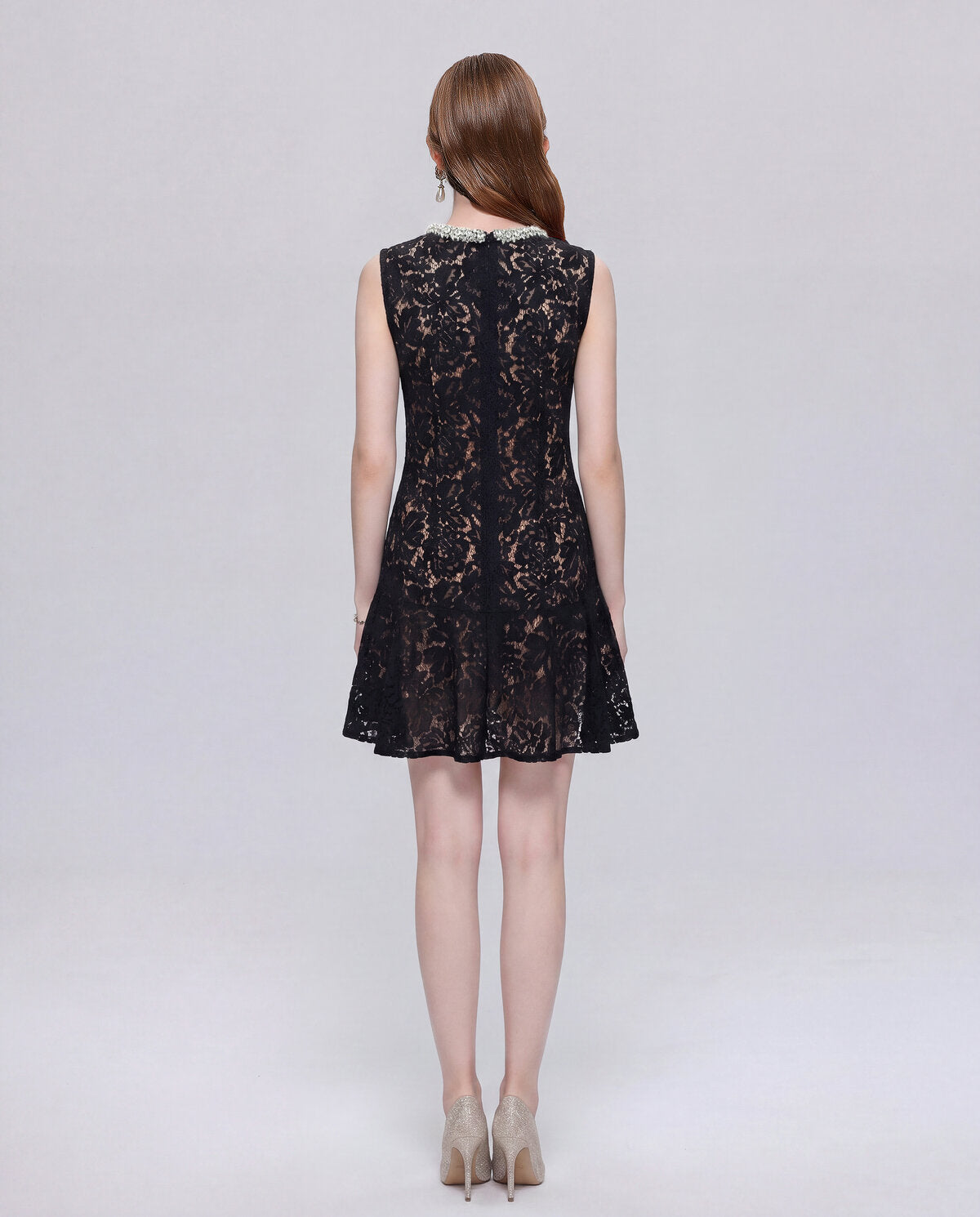 Floral Lace Crystal-Collar Sleeveless Mini Dress with Jeweled Pockets and Flounce Hem