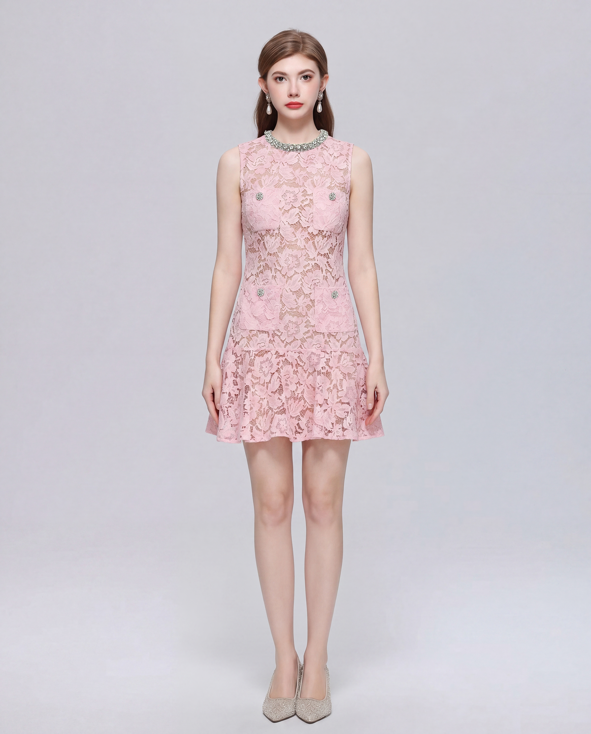Floral Lace Crystal-Collar Sleeveless Mini Dress with Jeweled Pockets and Flounce Hem