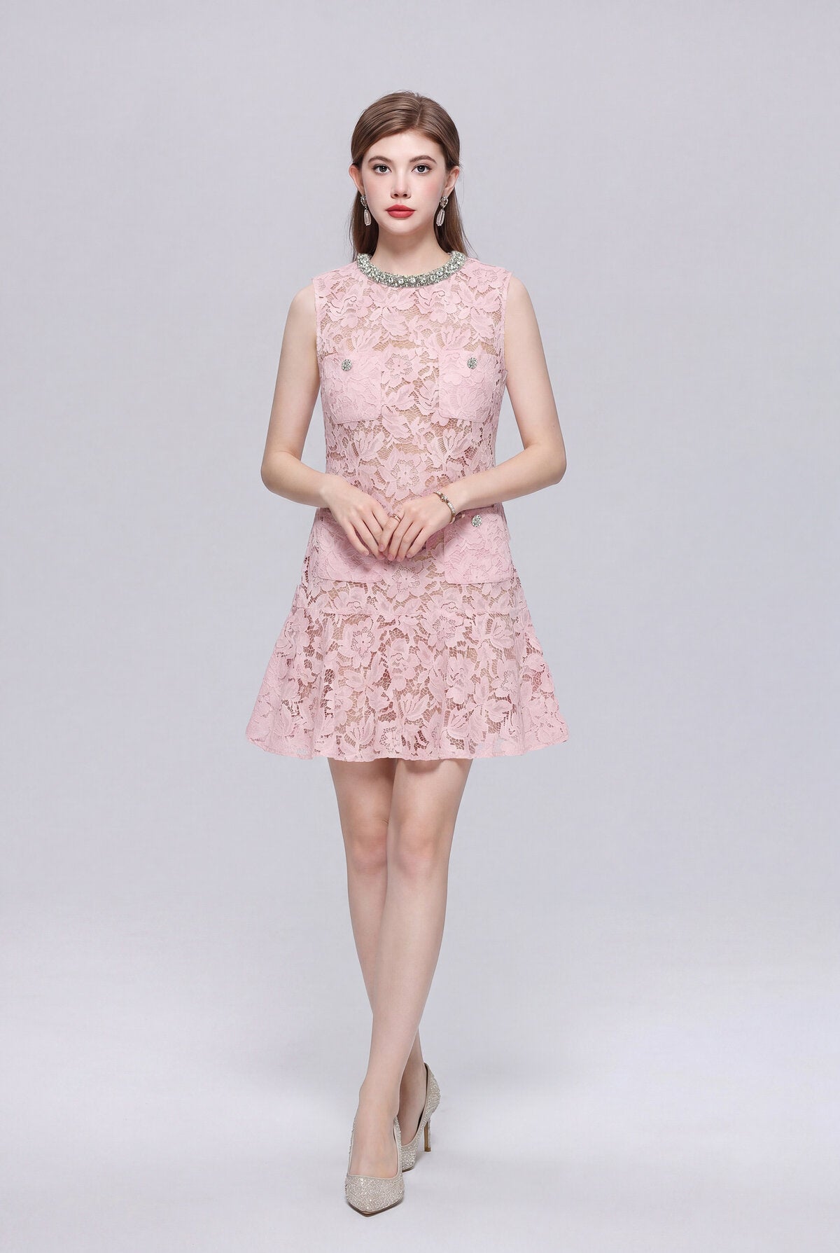 Floral Lace Crystal-Collar Sleeveless Mini Dress with Jeweled Pockets and Flounce Hem