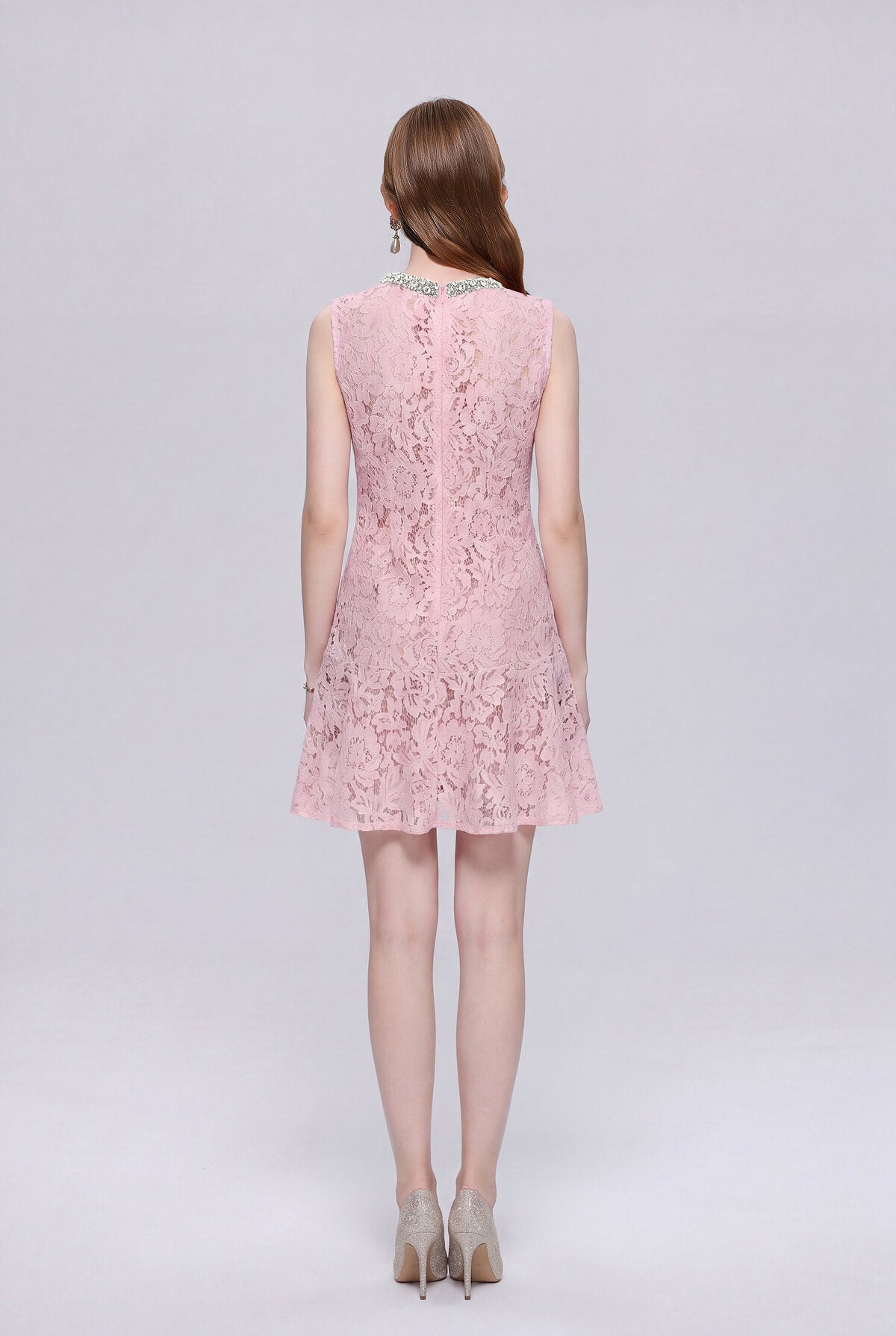 Floral Lace Crystal-Collar Sleeveless Mini Dress with Jeweled Pockets and Flounce Hem