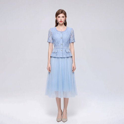 Floral Lace Peplum Midi Dress with Pearl Buttons & Pleated Tulle Skirt