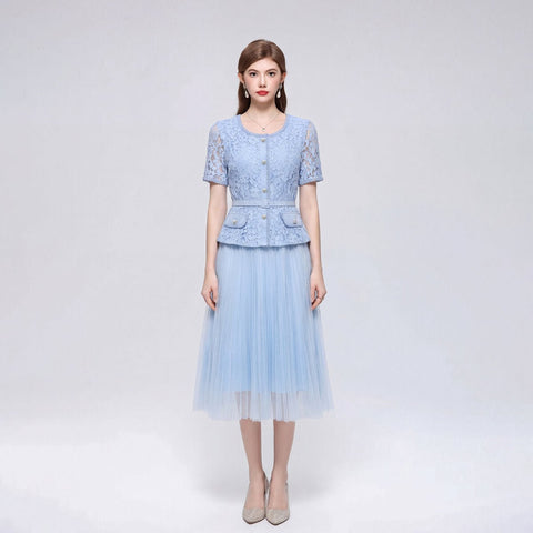 Floral Lace Peplum Midi Dress with Pearl Buttons & Pleated Tulle Skirt