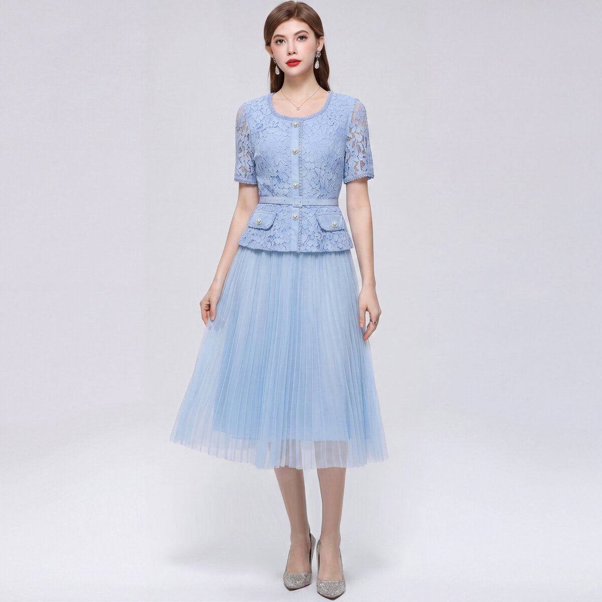 Floral Lace Peplum Midi Dress with Pearl Buttons & Pleated Tulle Skirt