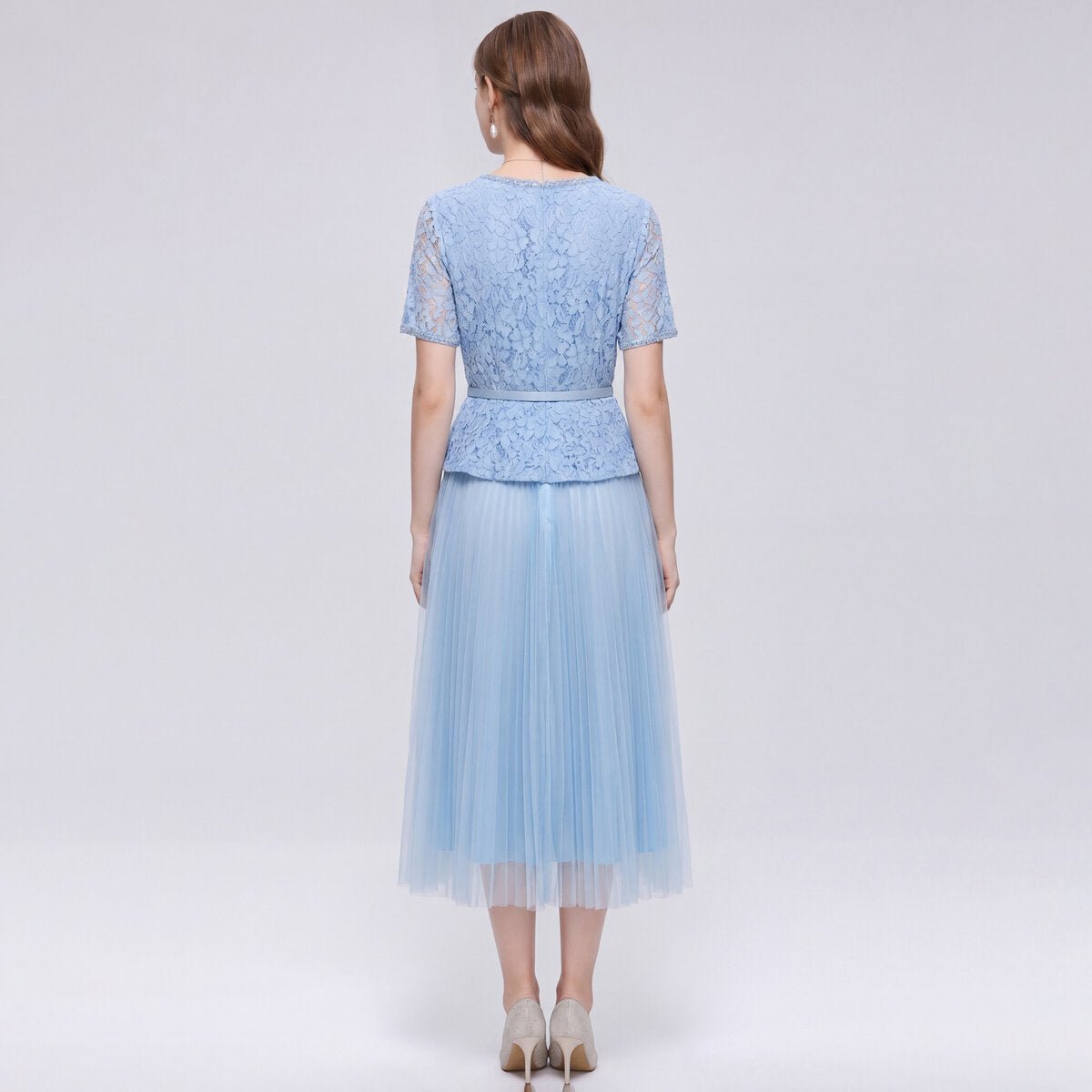 Floral Lace Peplum Midi Dress with Pearl Buttons & Pleated Tulle Skirt