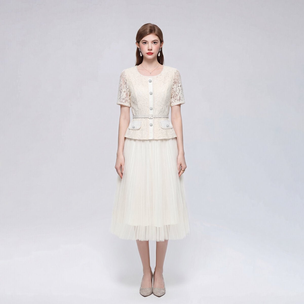 Floral Lace Peplum Midi Dress with Pearl Buttons & Pleated Tulle Skirt