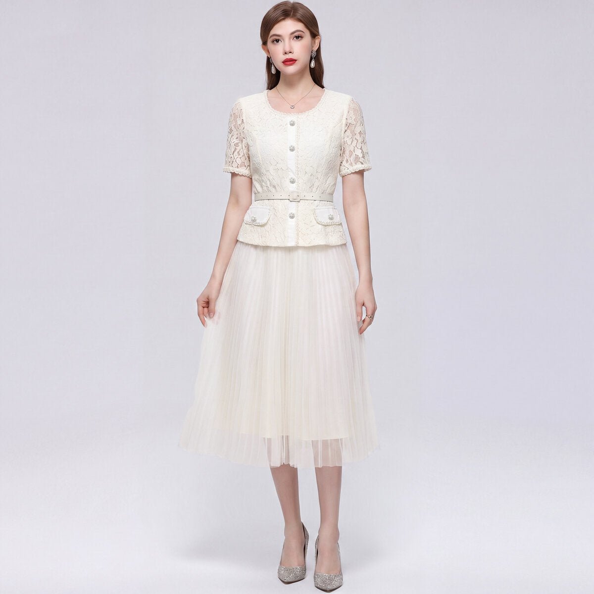 Floral Lace Peplum Midi Dress with Pearl Buttons & Pleated Tulle Skirt
