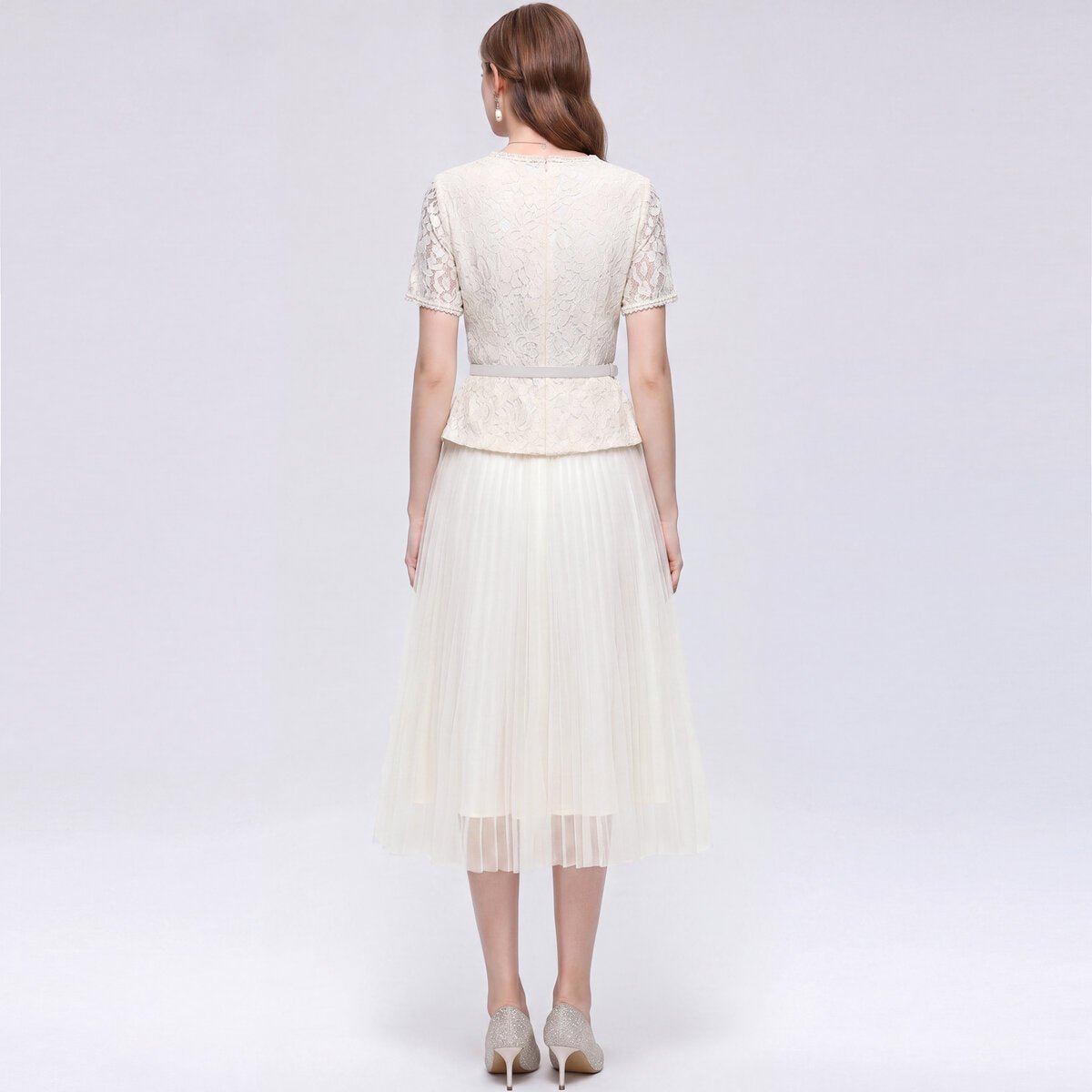 Floral Lace Peplum Midi Dress with Pearl Buttons & Pleated Tulle Skirt
