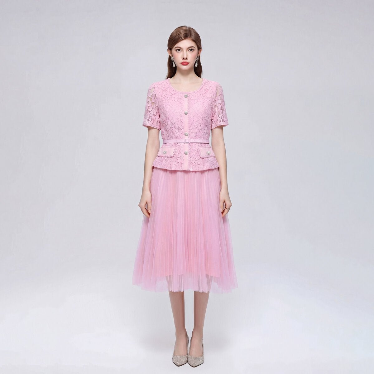 Floral Lace Peplum Midi Dress with Pearl Buttons & Pleated Tulle Skirt