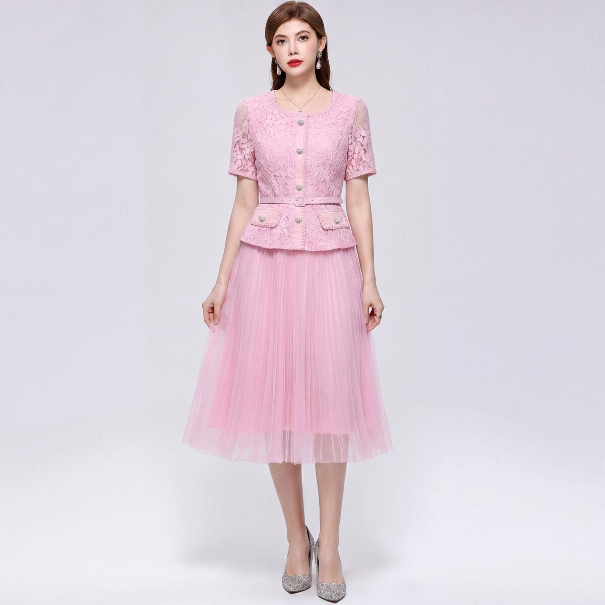 Floral Lace Peplum Midi Dress with Pearl Buttons & Pleated Tulle Skirt