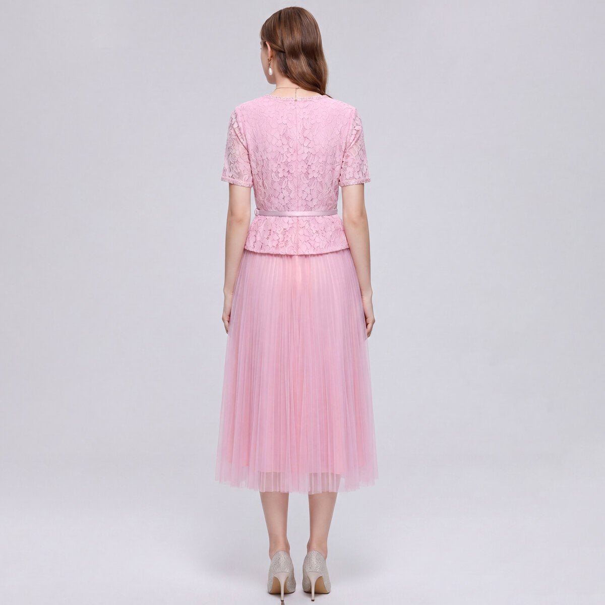 Floral Lace Peplum Midi Dress with Pearl Buttons & Pleated Tulle Skirt