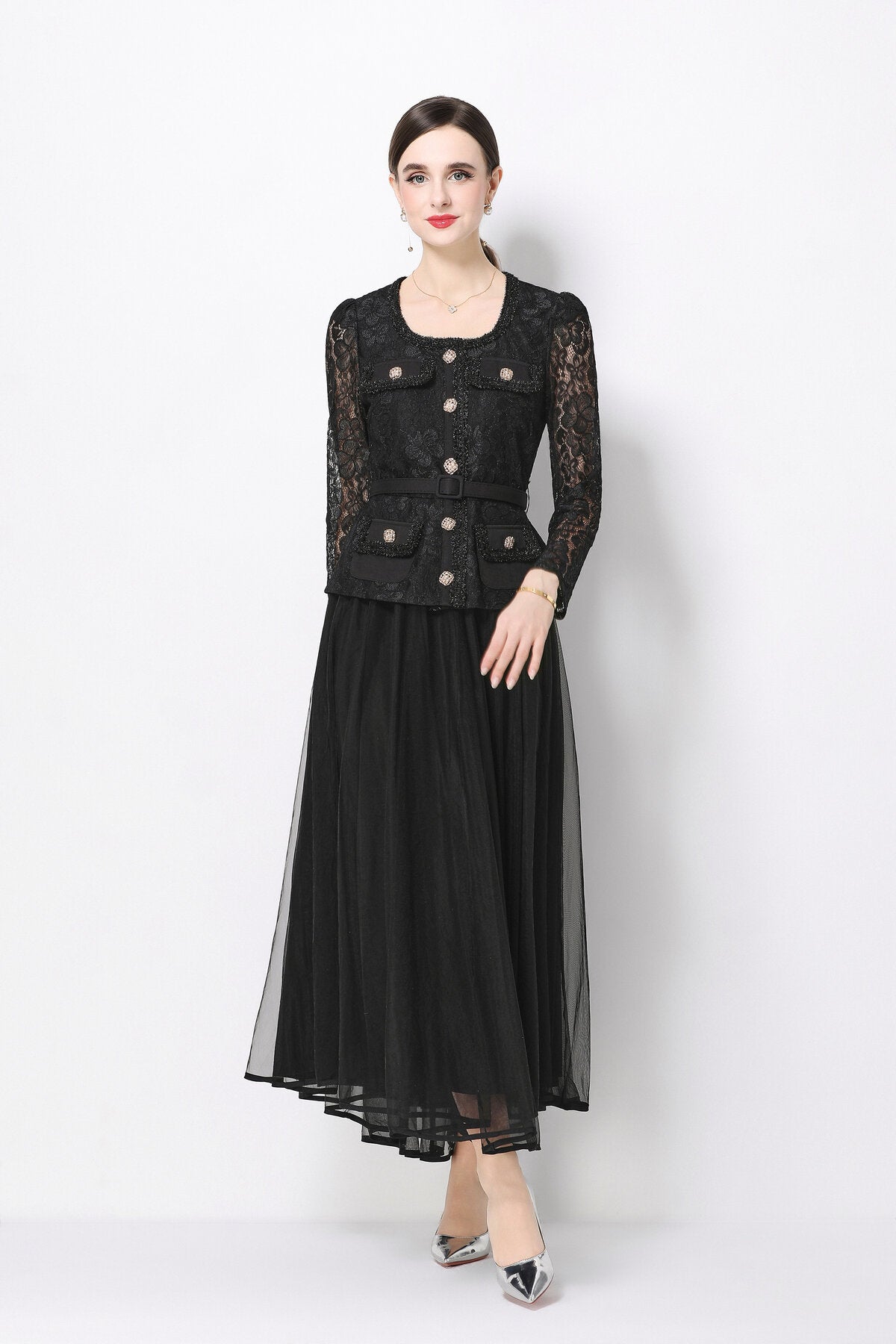 Floral Lace Peplum Bodice Midi Dress with Jeweled Buttons & Tulle Skirt