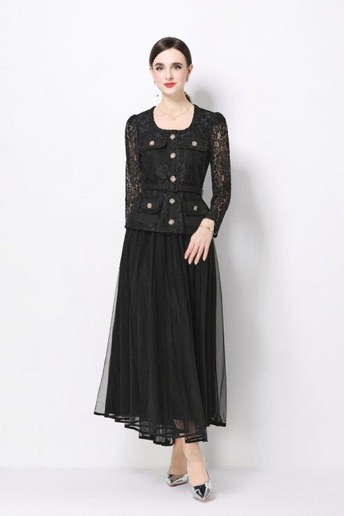 Floral Lace Peplum Bodice Midi Dress with Jeweled Buttons & Tulle Skirt