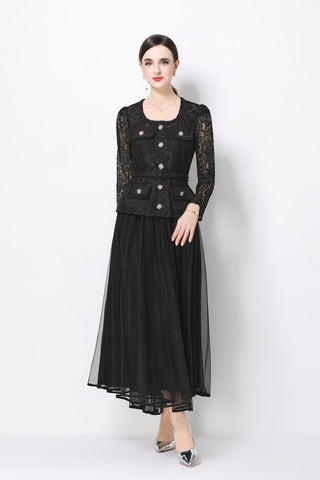 Floral Lace Peplum Bodice Midi Dress with Jeweled Buttons & Tulle Skirt