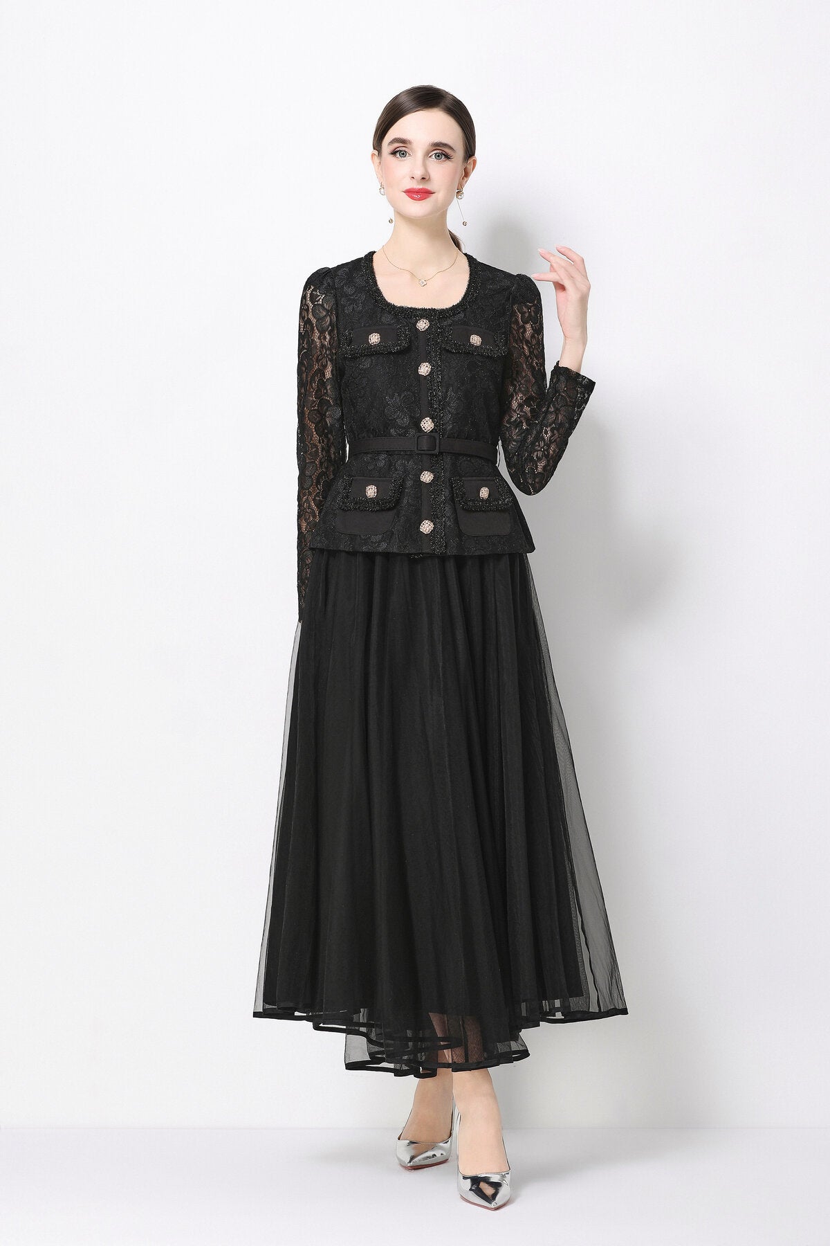 Floral Lace Peplum Bodice Midi Dress with Jeweled Buttons & Tulle Skirt