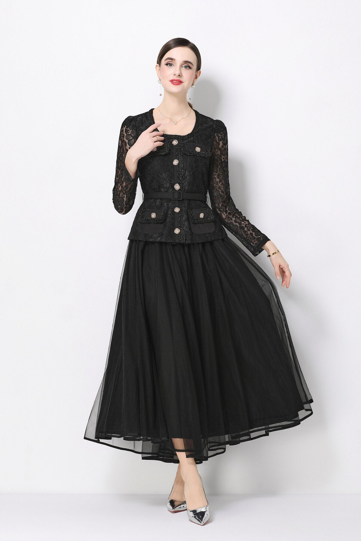 Floral Lace Peplum Bodice Midi Dress with Jeweled Buttons & Tulle Skirt