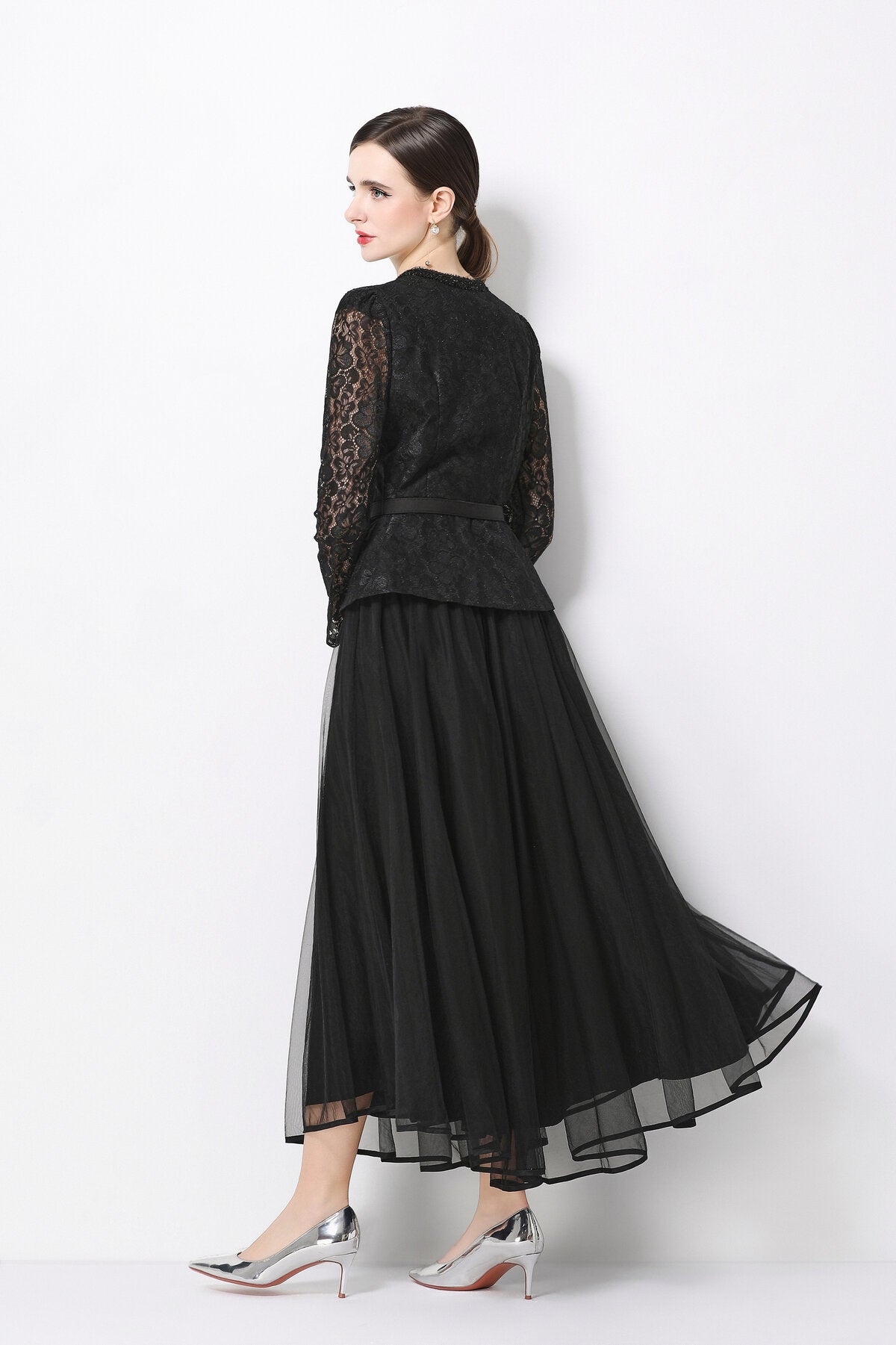 Floral Lace Peplum Bodice Midi Dress with Jeweled Buttons & Tulle Skirt