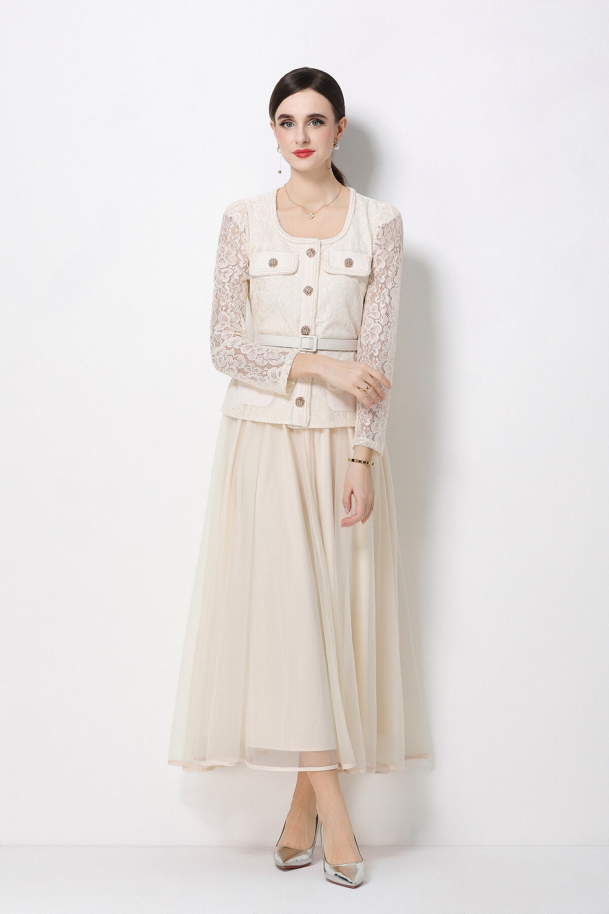 Floral Lace Peplum Bodice Midi Dress with Jeweled Buttons & Tulle Skirt