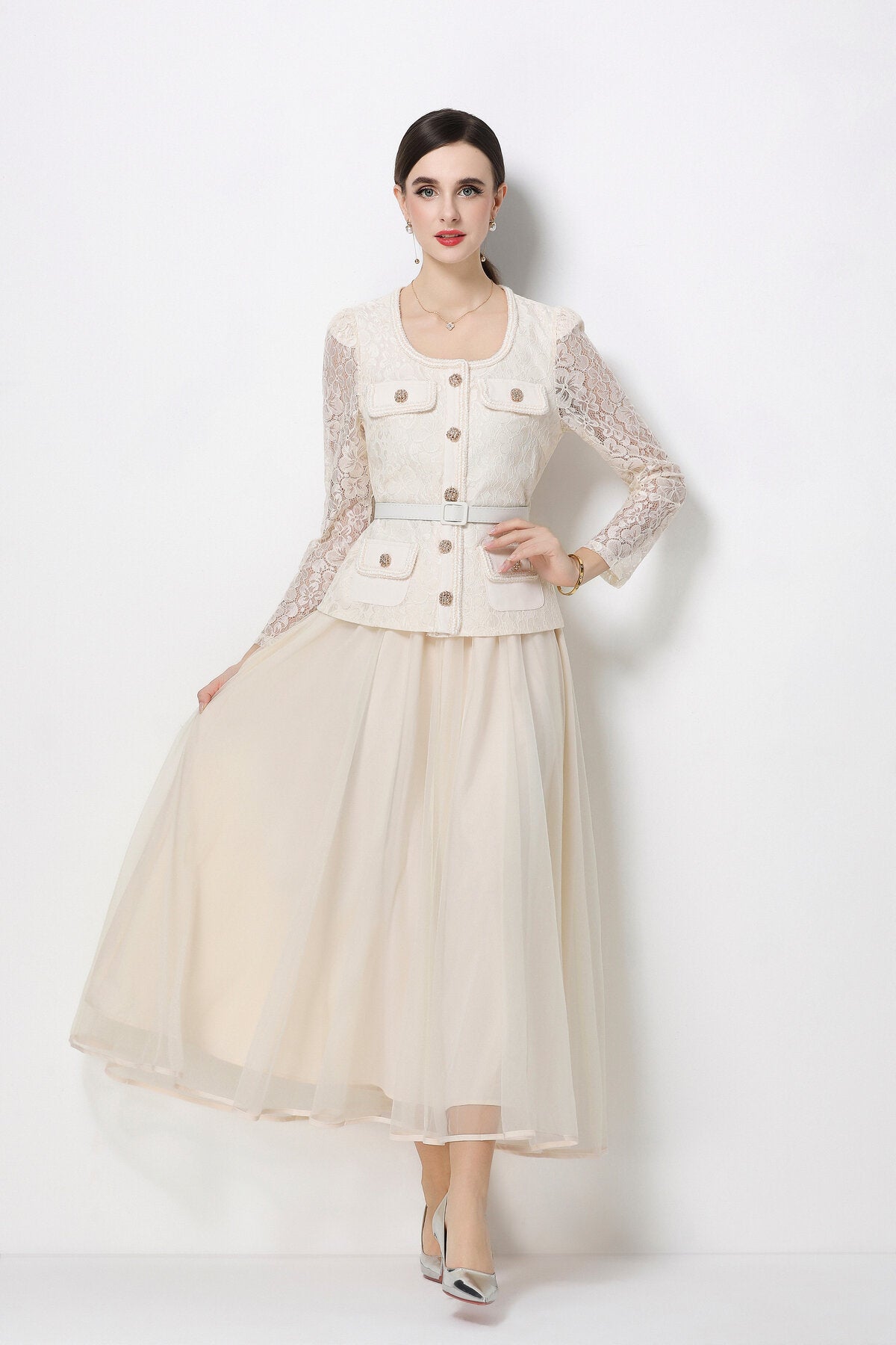 Floral Lace Peplum Bodice Midi Dress with Jeweled Buttons & Tulle Skirt