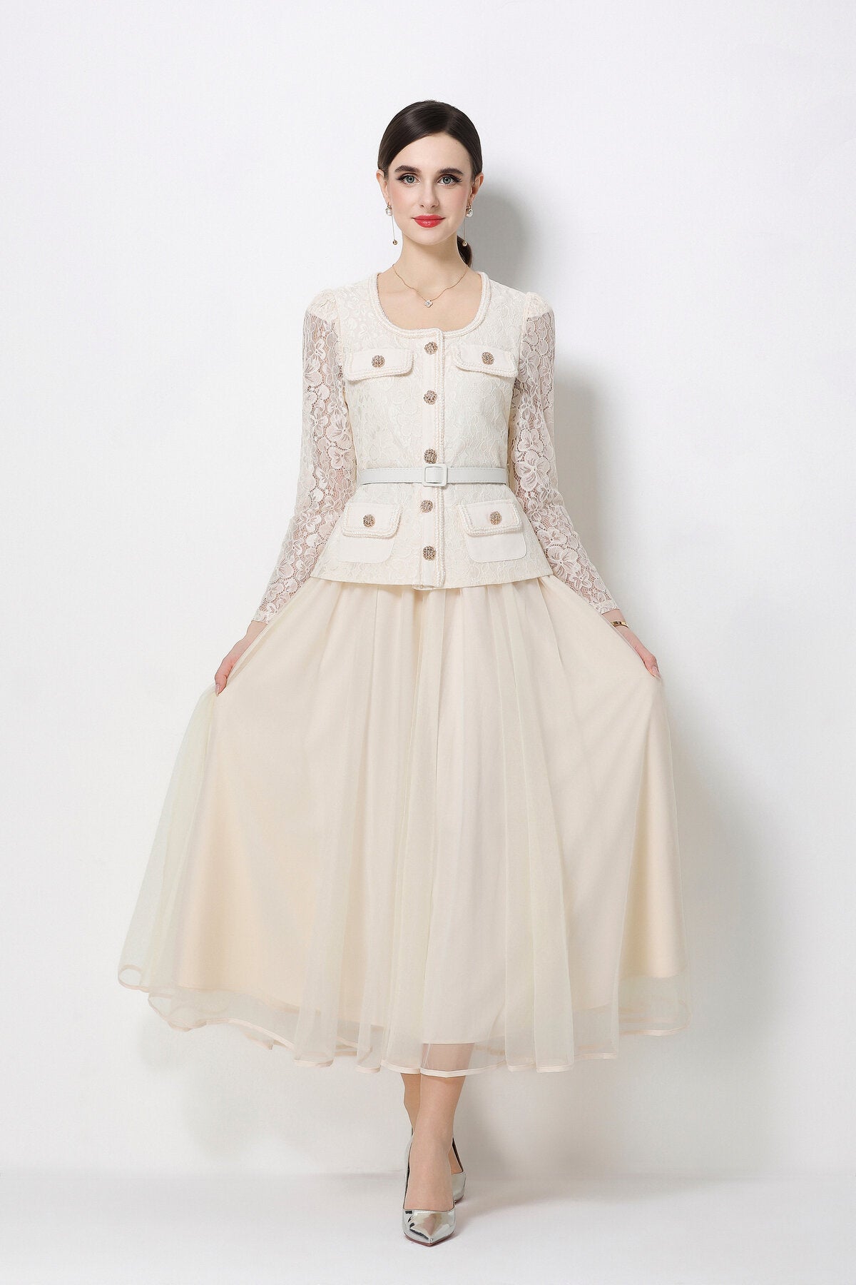 Floral Lace Peplum Bodice Midi Dress with Jeweled Buttons & Tulle Skirt