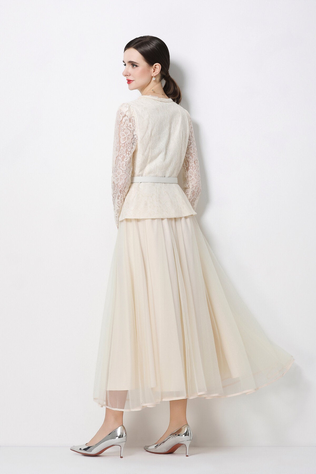 Floral Lace Peplum Bodice Midi Dress with Jeweled Buttons & Tulle Skirt