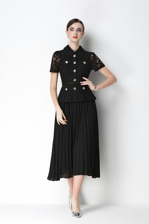 Floral Lace Peplum Peter Pan Collar Midi Dress with Crystal Buttons & Pleated Skirt