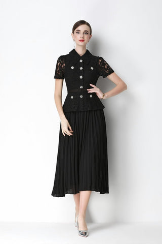 Floral Lace Peplum Peter Pan Collar Midi Dress with Crystal Buttons & Pleated Skirt