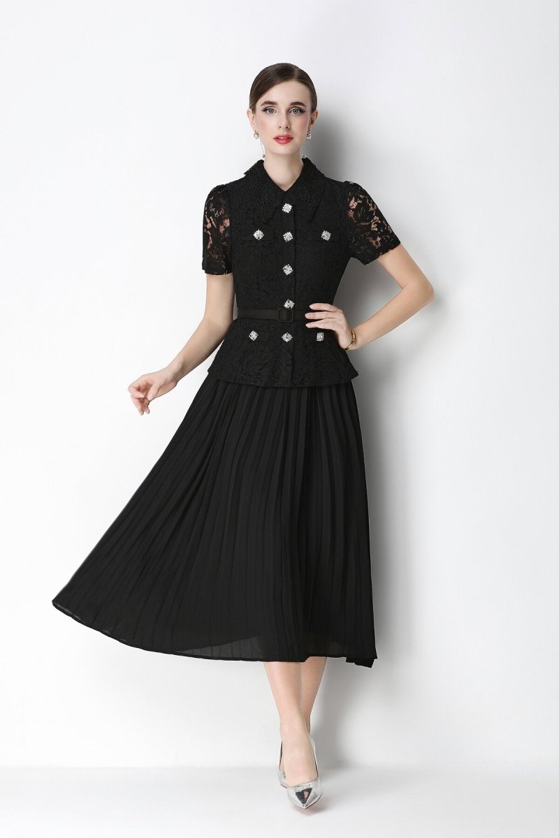 Floral Lace Peplum Peter Pan Collar Midi Dress with Crystal Buttons & Pleated Skirt