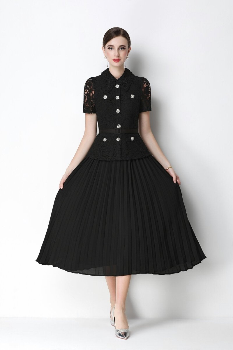 Floral Lace Peplum Peter Pan Collar Midi Dress with Crystal Buttons & Pleated Skirt