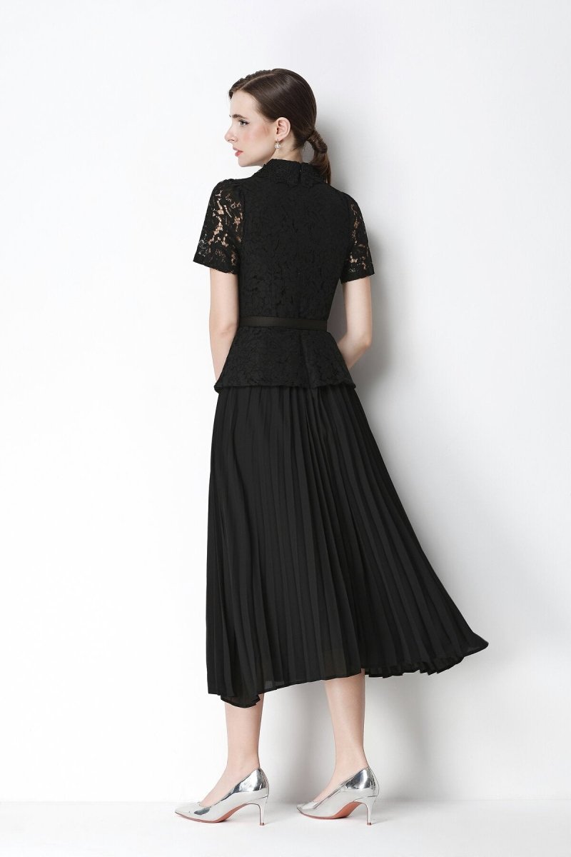 Floral Lace Peplum Peter Pan Collar Midi Dress with Crystal Buttons & Pleated Skirt