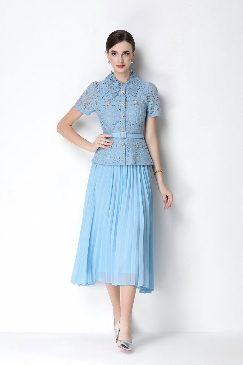 Floral Lace Peplum Peter Pan Collar Midi Dress with Crystal Buttons & Pleated Skirt
