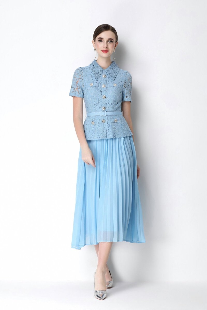 Floral Lace Peplum Peter Pan Collar Midi Dress with Crystal Buttons & Pleated Skirt