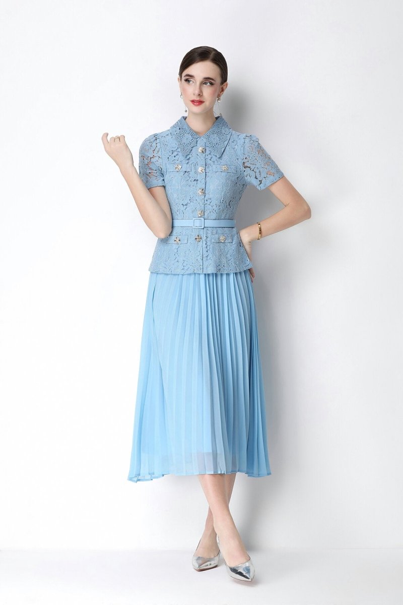 Floral Lace Peplum Peter Pan Collar Midi Dress with Crystal Buttons & Pleated Skirt
