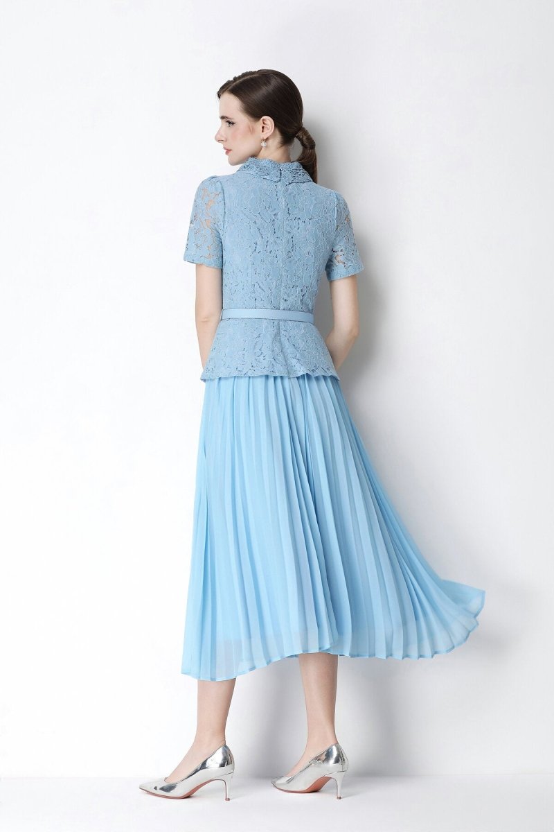 Floral Lace Peplum Peter Pan Collar Midi Dress with Crystal Buttons & Pleated Skirt