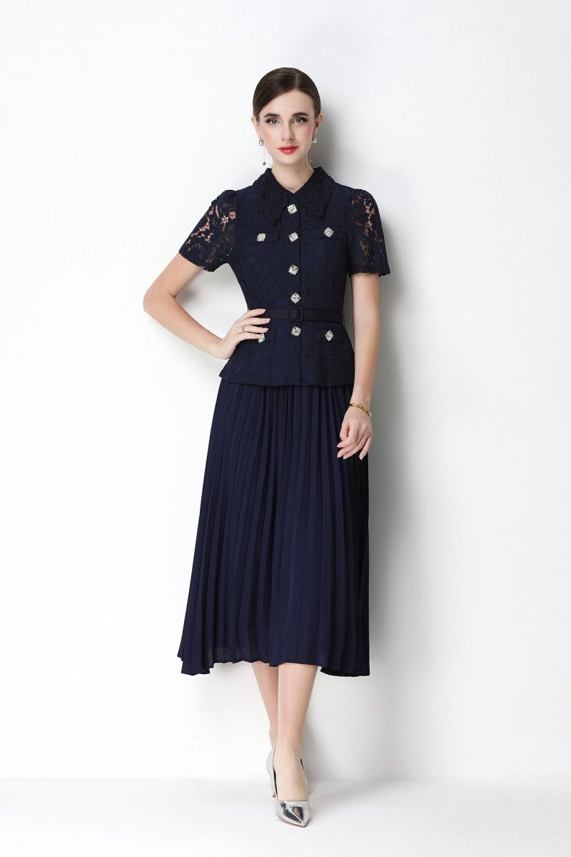 Floral Lace Peplum Peter Pan Collar Midi Dress with Crystal Buttons & Pleated Skirt