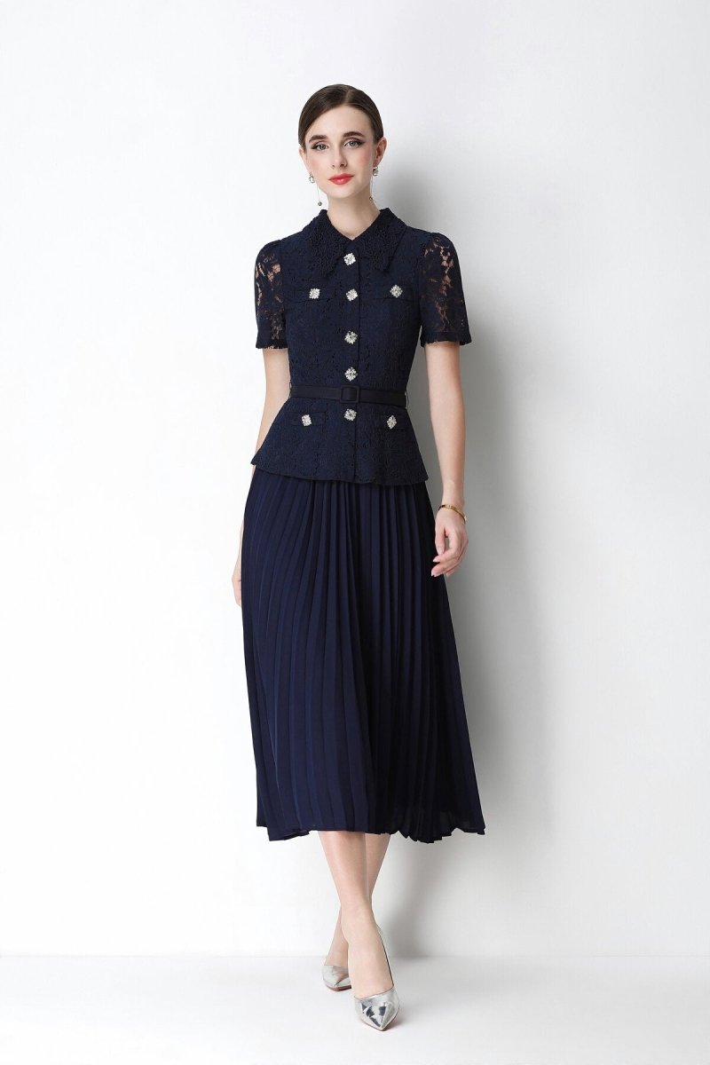 Floral Lace Peplum Peter Pan Collar Midi Dress with Crystal Buttons & Pleated Skirt