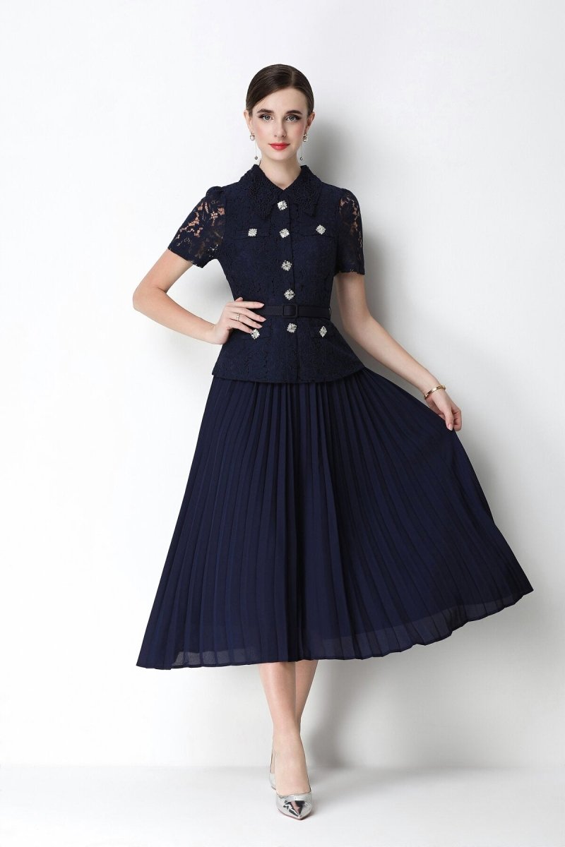 Floral Lace Peplum Peter Pan Collar Midi Dress with Crystal Buttons & Pleated Skirt