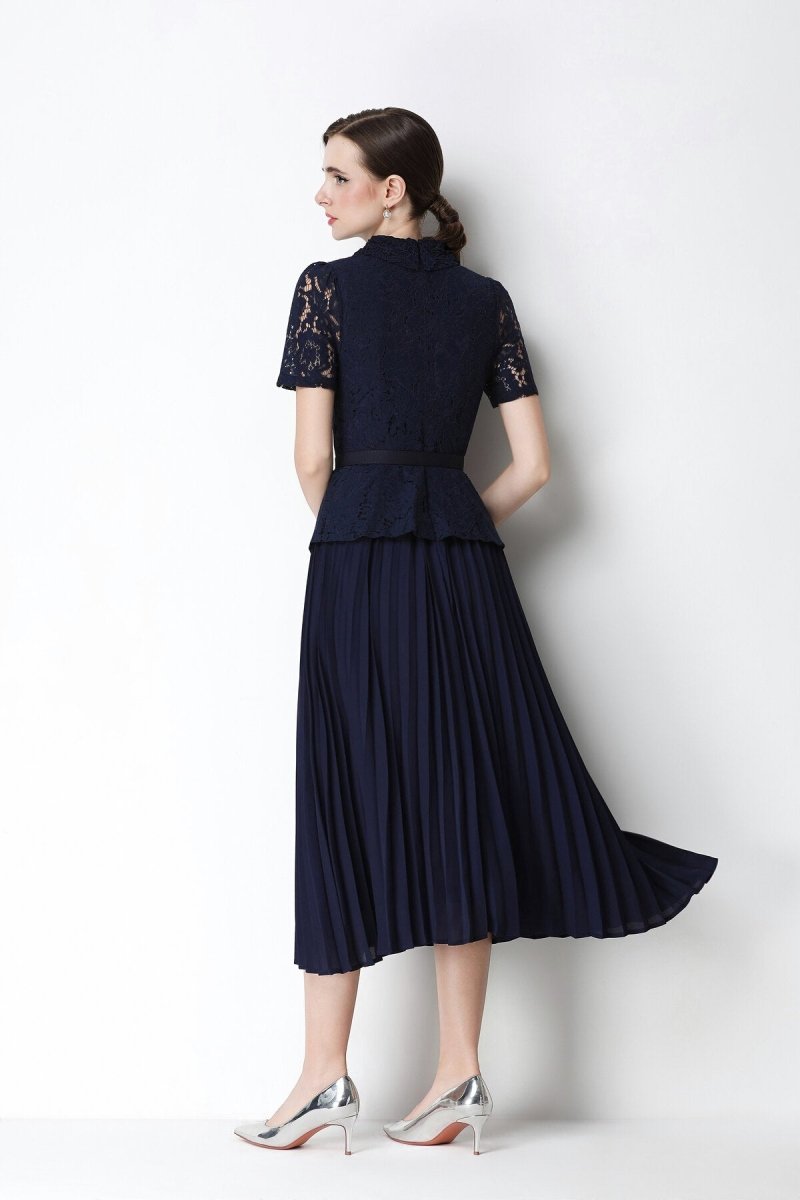 Floral Lace Peplum Peter Pan Collar Midi Dress with Crystal Buttons & Pleated Skirt