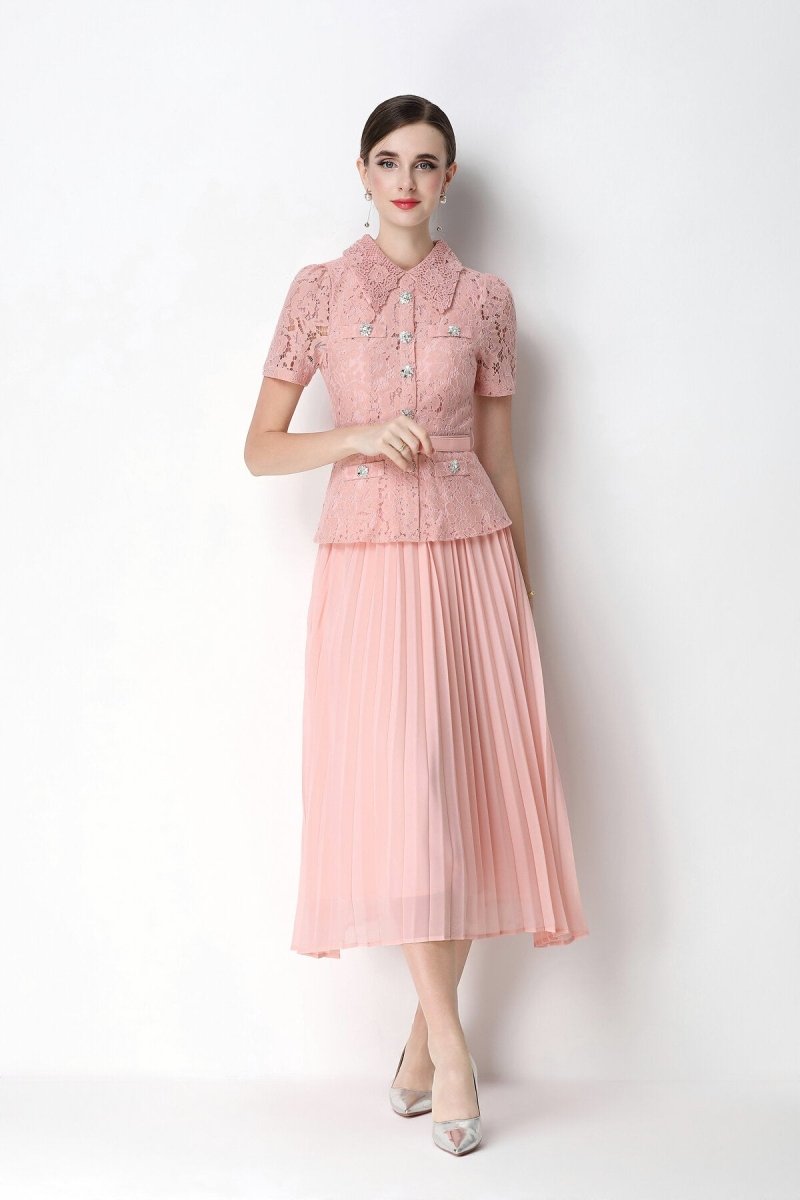 Floral Lace Peplum Peter Pan Collar Midi Dress with Crystal Buttons & Pleated Skirt