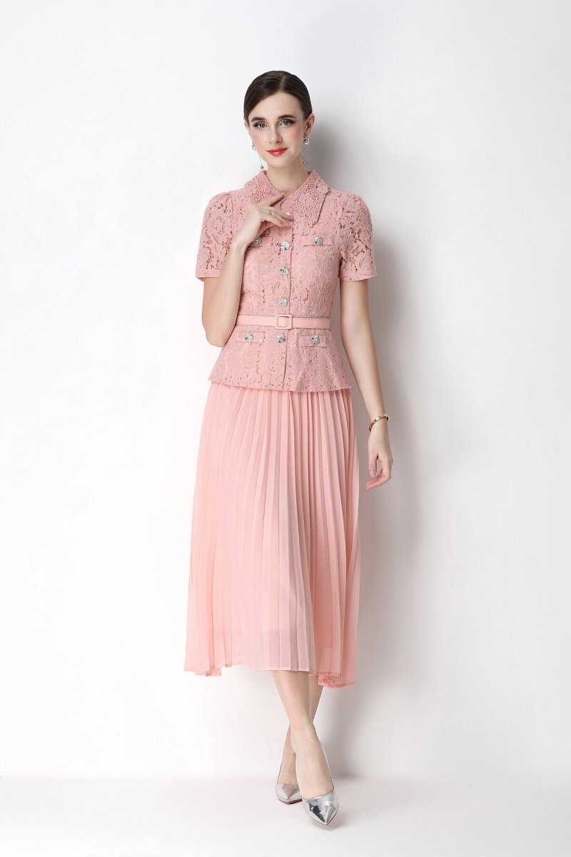 Floral Lace Peplum Peter Pan Collar Midi Dress with Crystal Buttons & Pleated Skirt