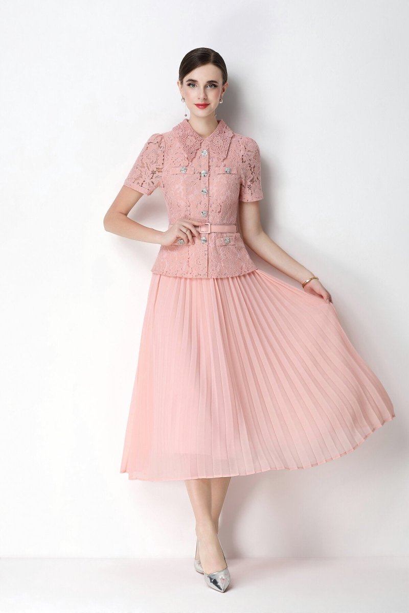 Floral Lace Peplum Peter Pan Collar Midi Dress with Crystal Buttons & Pleated Skirt