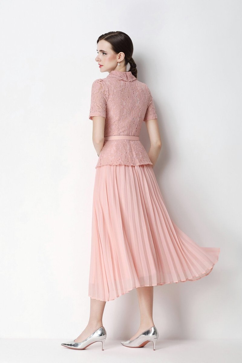 Floral Lace Peplum Peter Pan Collar Midi Dress with Crystal Buttons & Pleated Skirt
