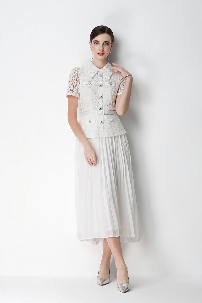 Floral Lace Peplum Peter Pan Collar Midi Dress with Crystal Buttons & Pleated Skirt
