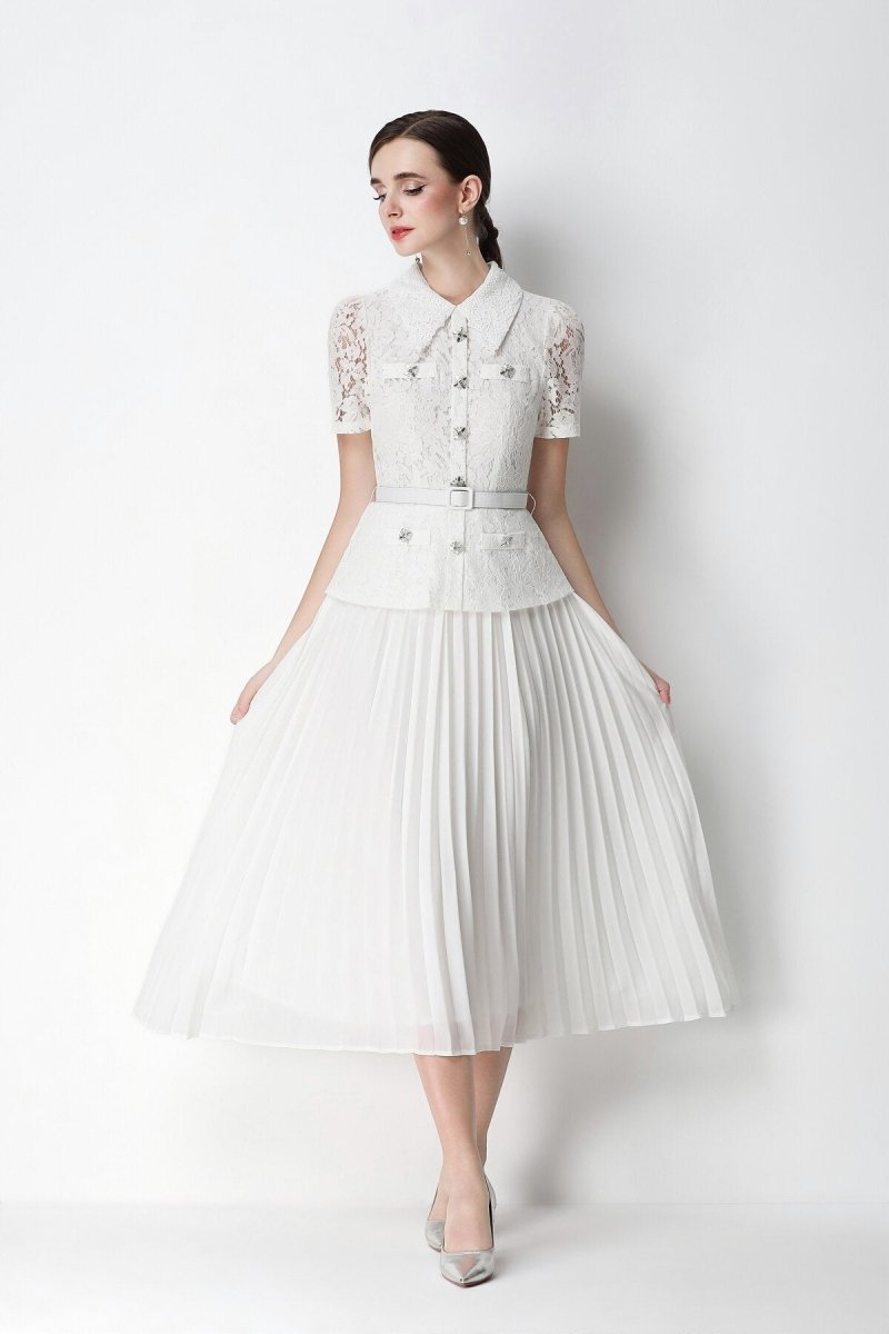 Floral Lace Peplum Peter Pan Collar Midi Dress with Crystal Buttons & Pleated Skirt