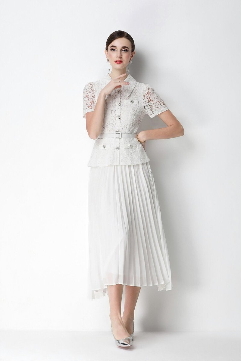 Floral Lace Peplum Peter Pan Collar Midi Dress with Crystal Buttons & Pleated Skirt