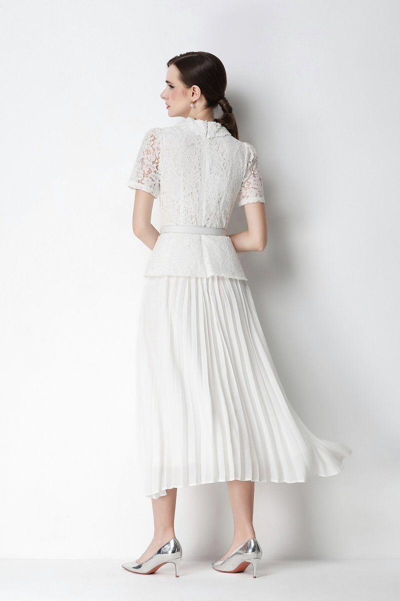 Floral Lace Peplum Peter Pan Collar Midi Dress with Crystal Buttons & Pleated Skirt