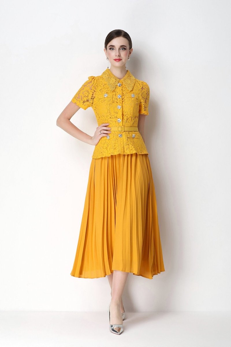 Floral Lace Peplum Peter Pan Collar Midi Dress with Crystal Buttons & Pleated Skirt