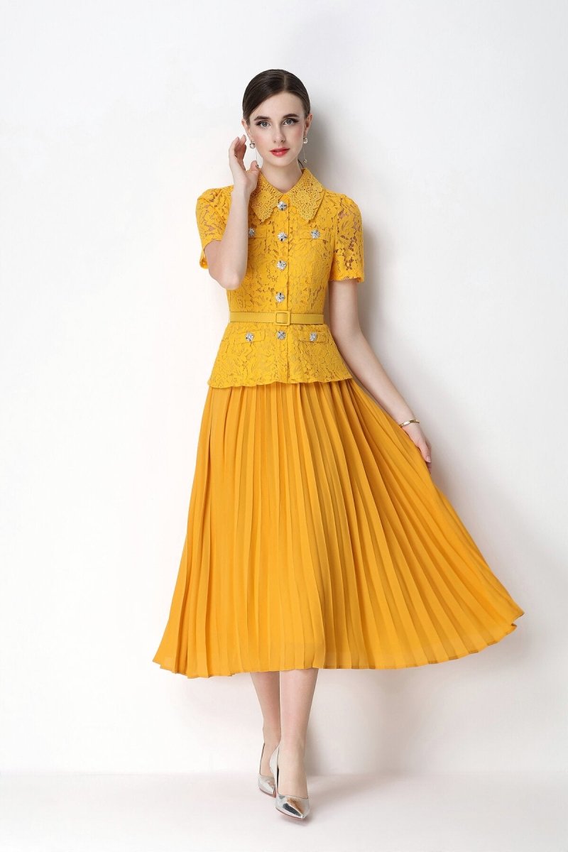 Floral Lace Peplum Peter Pan Collar Midi Dress with Crystal Buttons & Pleated Skirt