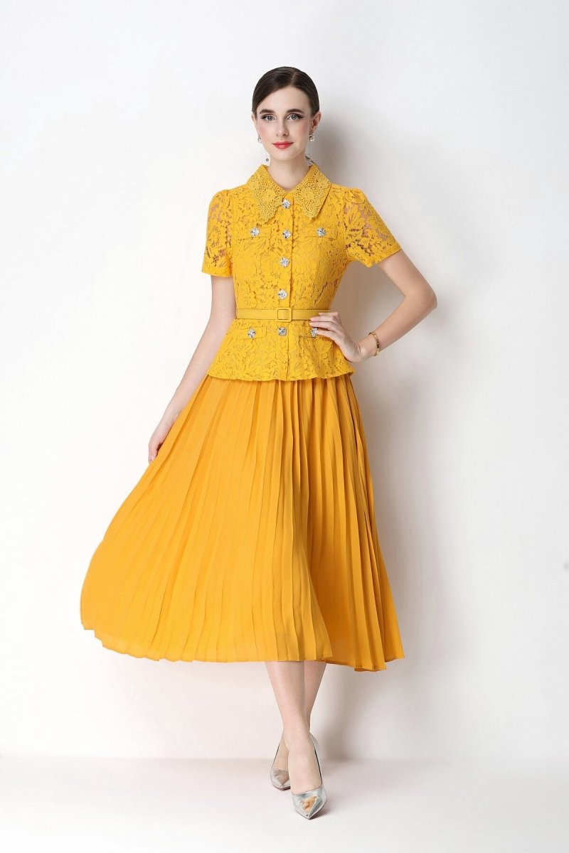 Floral Lace Peplum Peter Pan Collar Midi Dress with Crystal Buttons & Pleated Skirt