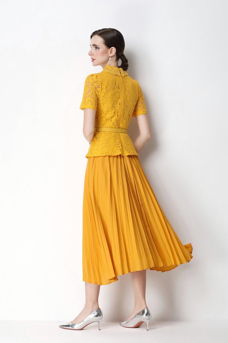 Floral Lace Peplum Peter Pan Collar Midi Dress with Crystal Buttons & Pleated Skirt